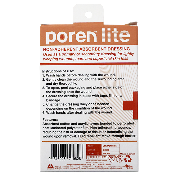Poren-Lite Non-Adherent Absorbent Dressing 7.5 X 5cm Sterile 5/Box - White x320