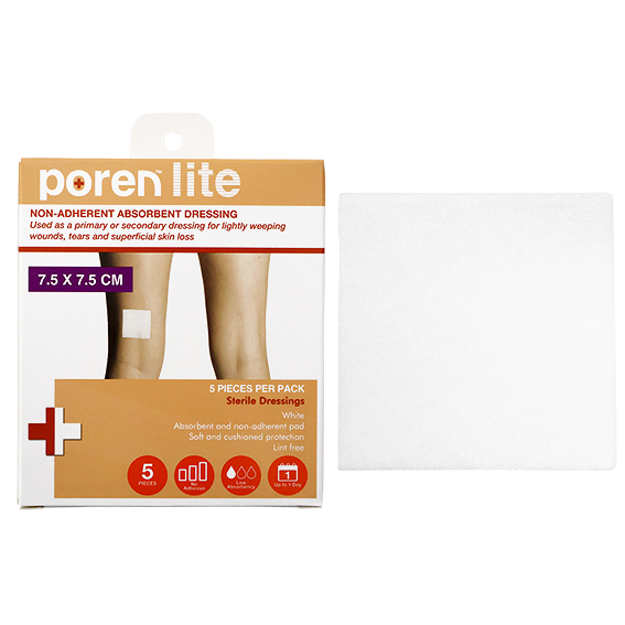 Poren-Lite Non-Adherent Absorbent Dressing 7.5 X 7.5cm Sterile 5/Box - White x290
