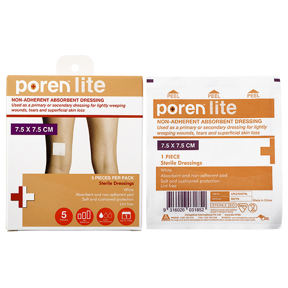 Poren-Lite Non-Adherent Absorbent Dressing 7.5 X 7.5cm Sterile 5/Box - White x290