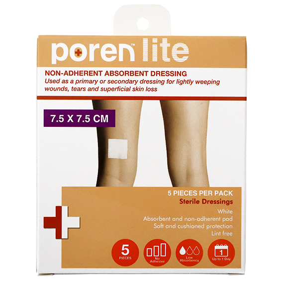 Poren-Lite Non-Adherent Absorbent Dressing 7.5 X 7.5cm Sterile 5/Box - White x290