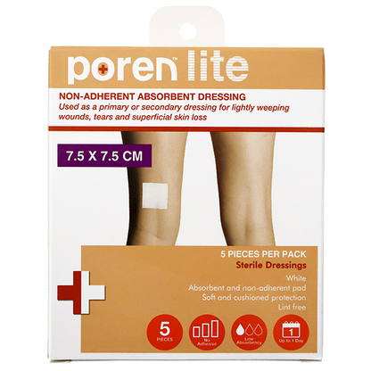Poren-Lite Non-Adherent Absorbent Dressing 7.5 X 7.5cm Sterile 5/Box - White x290