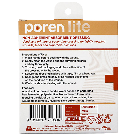 Poren-Lite Non-Adherent Absorbent Dressing 7.5 X 7.5cm Sterile 5/Box - White x290