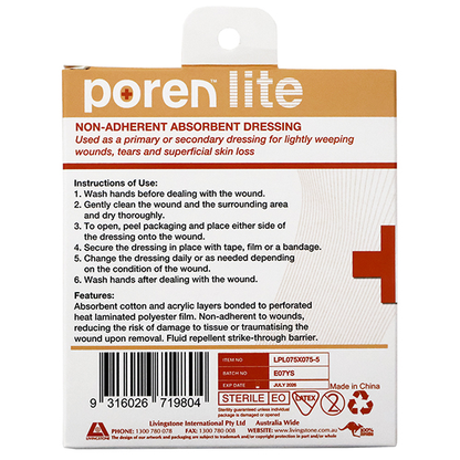 Poren-Lite Non-Adherent Absorbent Dressing 7.5 X 7.5cm Sterile 5/Box - White x290