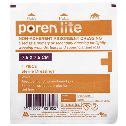 Poren-Lite Non-Adherent Absorbent Dressing 7.5 X 7.5cm Sterile 5/Box - White x290