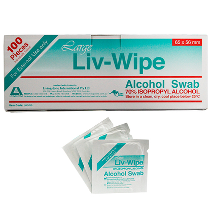 Liv-Wipe Large Antibacterial Alcohol Swab Prep Pad 70% Isopropyl Alcohol 65x56mm 100/Box - White x305