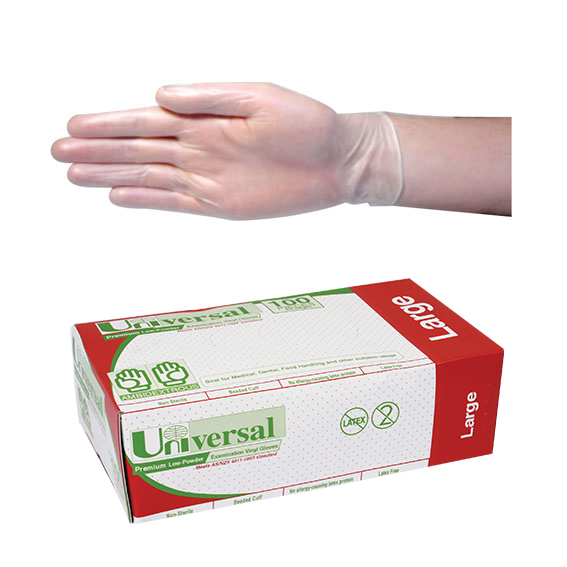 Universal Vinyl Examination Gloves Recyclable 6.5g Large 100/Box - Clear x65