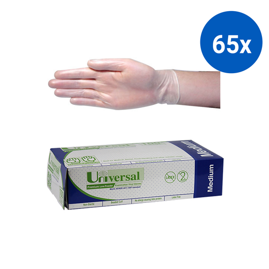 Universal Vinyl Examination Gloves Recyclable 6.0g TGA 304989 ASTM Standard Low Powder Medium 100/Box - Clear x65