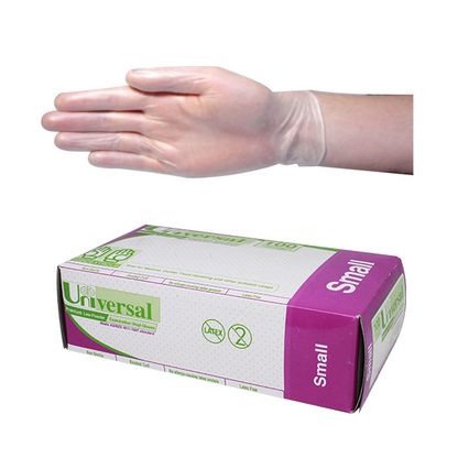 Universal Vinyl Examination Gloves 5.5g TGA 304989 ASTM Small 100/Box - Clear x65