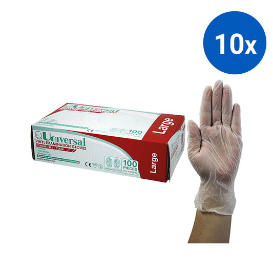 Universal Vinyl Examination Gloves Large 100/Box 1000/Carton - Clear x10