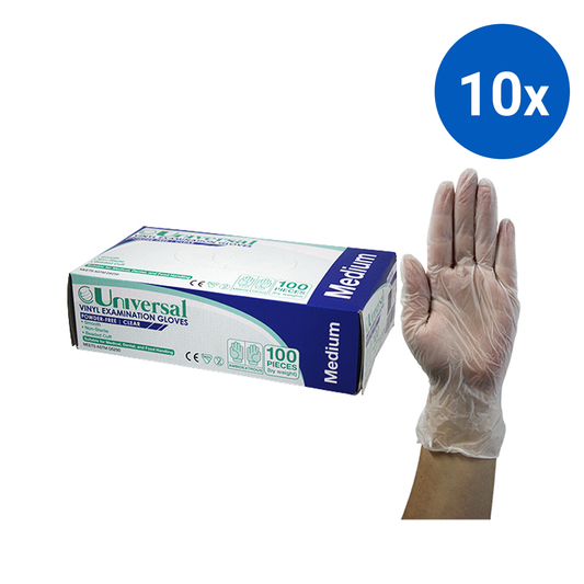 Universal Vinyl Examination Gloves Medium 100/Box 1000/Carton - Clear x10