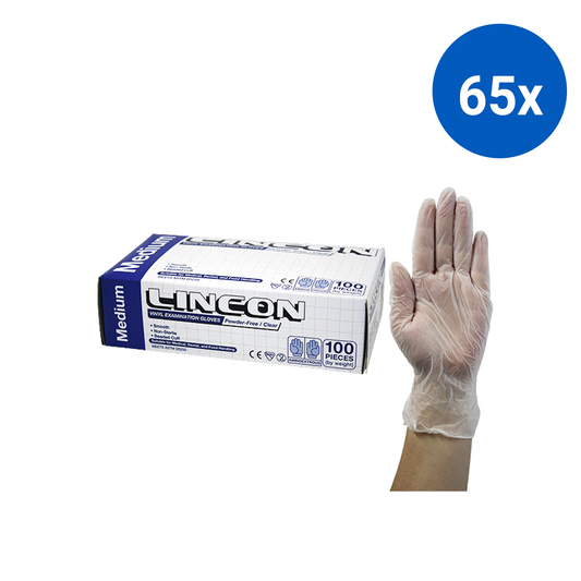 Lincon Vinyl Examination Gloves Recyclable Powder Free Medium 100/Box - Clear x65