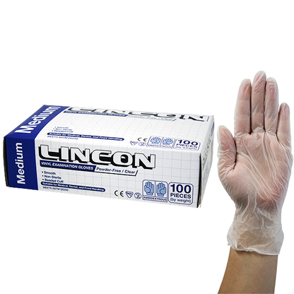 Lincon Vinyl Examination Gloves Recyclable Powder Free Medium 100/Box - Clear x65