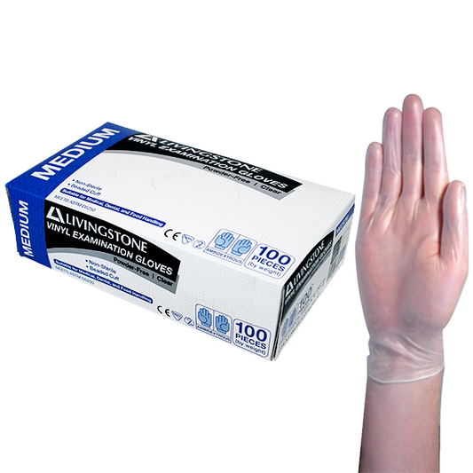 Livingstone Vinyl Examination Gloves Recyclable 6.0g TGA 304988 ASTM Powder Free Medium 100/Box - Clear x60
