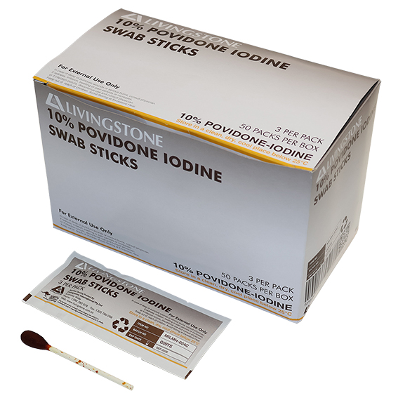 Livingstone 10% Povidone Iodine Cotton Swab on Applicator Sticks 3/Pack 50 Packs/Box - White x20
