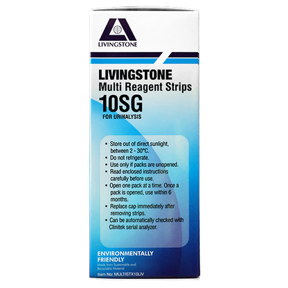 Livingstone Urine Reagent Multi Test Strips for Urinalysis 10 Parameters plus SG 100 Tests/Vial - Green x10