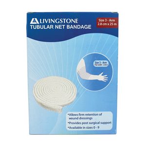 Livingstone Tubular Net Bandage Size D/3 Arm & Elbow 28mm Wide Elastic Retention Wrap 25m 1 Roll/Box – White x20