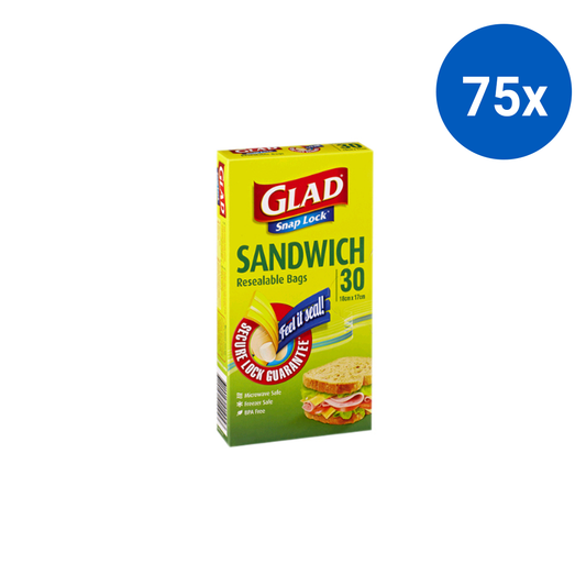 Glad Snap Lock Sandwich Bag 18 x 17cm Resealable 30/Pack - Clear x75