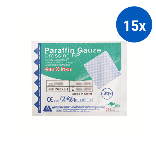Livingstone Paraffin Gauze Swab Dressings 5 x 5cm Sterile Single Pack 50/Box - White x15