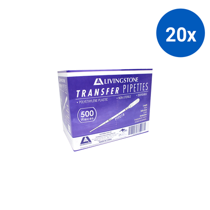Livingstone Transfer Pipette Graduated 1ml with 3.5ml Bulb Draw 500/Box - White x20