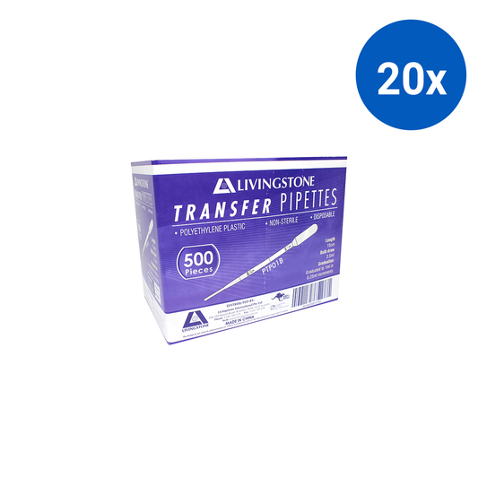 Livingstone Transfer Pipette Graduated 1ml with 3.5ml Bulb Draw 500/Box - White x20
