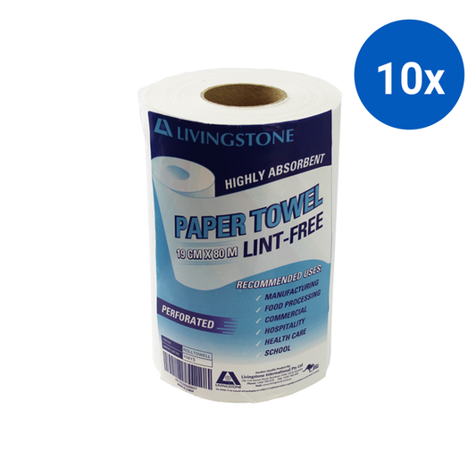 Livingstone Paper Towel 19cm x 80m Perforated Lint Free 16 Rolls/Carton - White x10