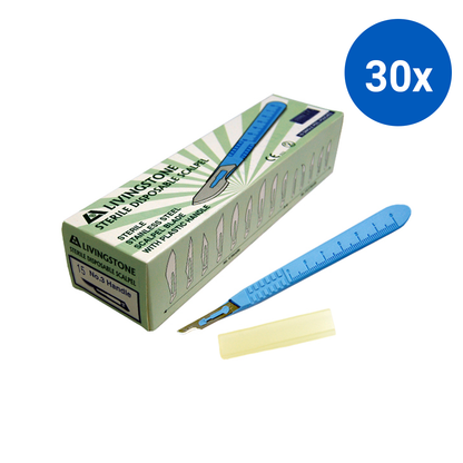 Livingstone Disposable Scalpel SS Blade Size 15 Attached to Handle Sterile 10 Pcs/Box - Blue x30