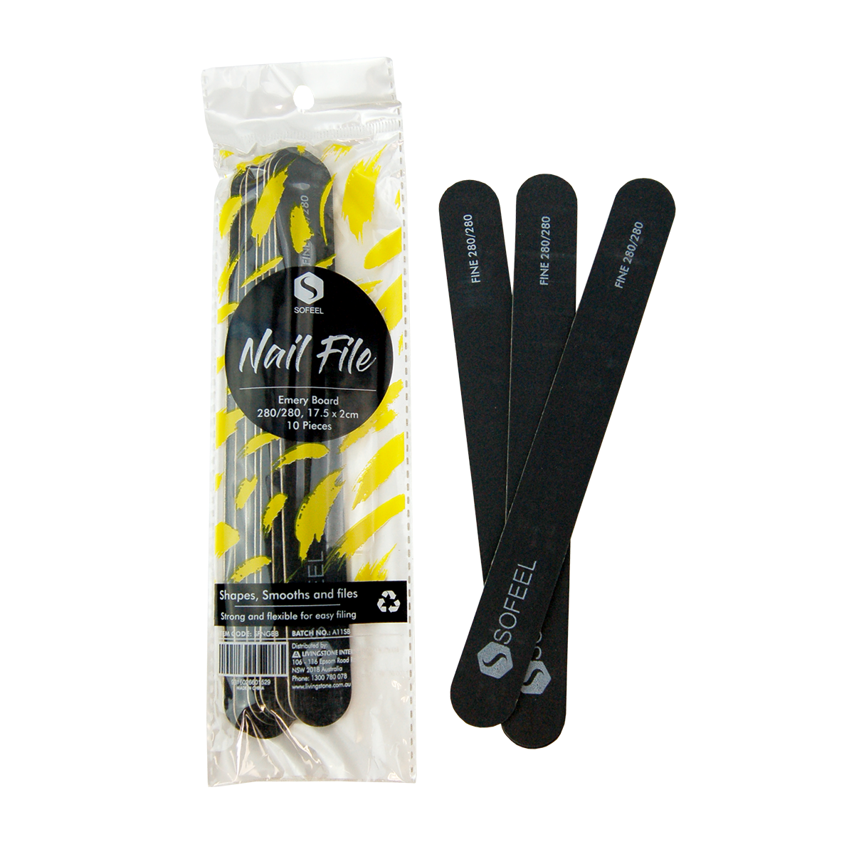 Sofeel Nail File Emery Board Grit: 280/280 1.9 x 17.8cm 10 Pcs/Pack - Black x25