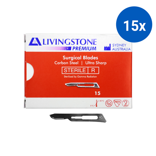 Livingstone Premium Surgical Scalpel Blade Size 15 Sterile 100 Pcs/Box - Silver x15