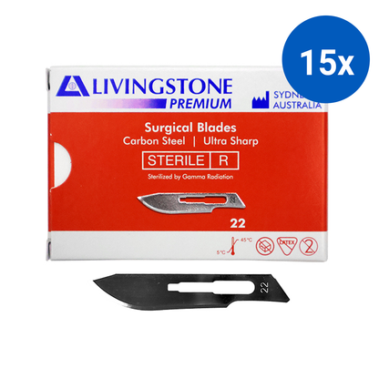 Livingstone Premium Surgical Scalpel Blade Carbon Steel Size 22 Sterile 100/Box - Silver x15