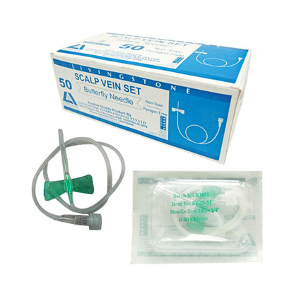 Livingstone Winged Scalp Vein Infusion Set 21G x 0.75" Needle 30cm Tube with Luer Lock Adaptor 1.8cm 50/Box - Green x15