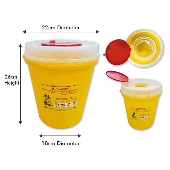 Livingstone Needles Sharps Waste Collector 8L Snap on Lid with Finger Guard Clear View Top Round Plastic 24/carton - Yellow x5