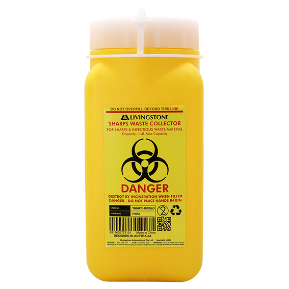 Liv Needles Sharps Waste Collector 1.4L 9.5 x 9.5 x 20 H cm with Screw Lid - Yellow x50