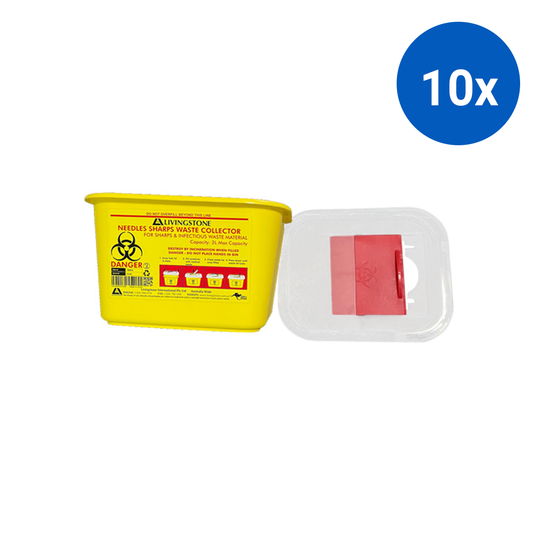 Livingstone Needles Sharps Waste Collector 2L Sliding Safety Lid & Needle Slots Clear View Top 10/Ctn - Yellow x10