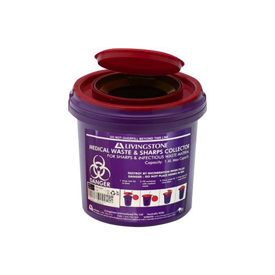 Liv Needles Sharps Waste Collector 1.4L with Clip Lid & Finger Guard Round Recyclable Plastic Fit Bracket DSSBTW2 20/CTN - Purple x5