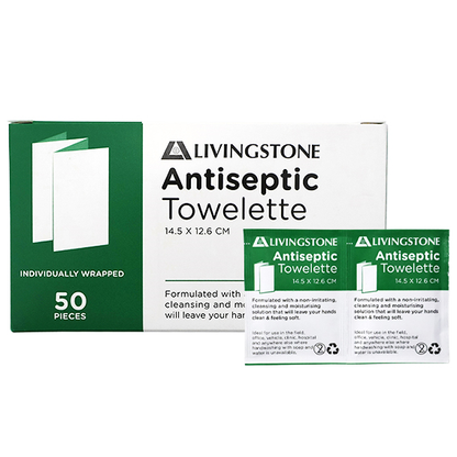 Livingstone Antiseptic Antibacterial Antimicrobial Towelette Wipe 14.5 x 12.6cm Single Pack 50/Box - White x20