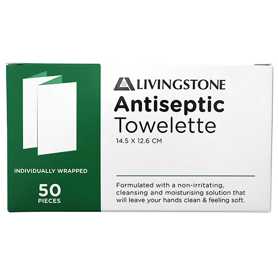 Livingstone Antiseptic Antibacterial Antimicrobial Towelette Wipe 14.5 x 12.6cm Single Pack 50/Box - White x20
