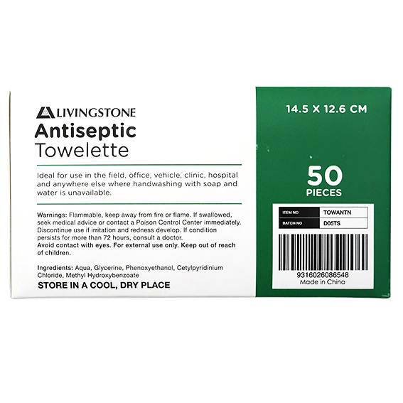 Livingstone Antiseptic Antibacterial Antimicrobial Towelette Wipe 14.5 x 12.6cm Single Pack 50/Box - White x20