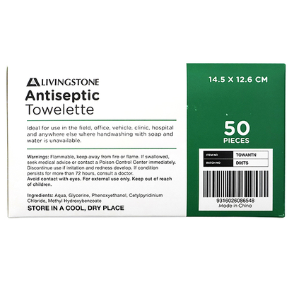 Livingstone Antiseptic Antibacterial Antimicrobial Towelette Wipe 14.5 x 12.6cm Single Pack 50/Box - White x20