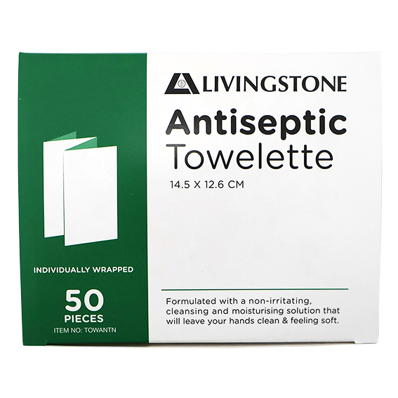 Livingstone Antiseptic Antibacterial Antimicrobial Towelette Wipe 14.5 x 12.6cm Single Pack 50/Box - White x20
