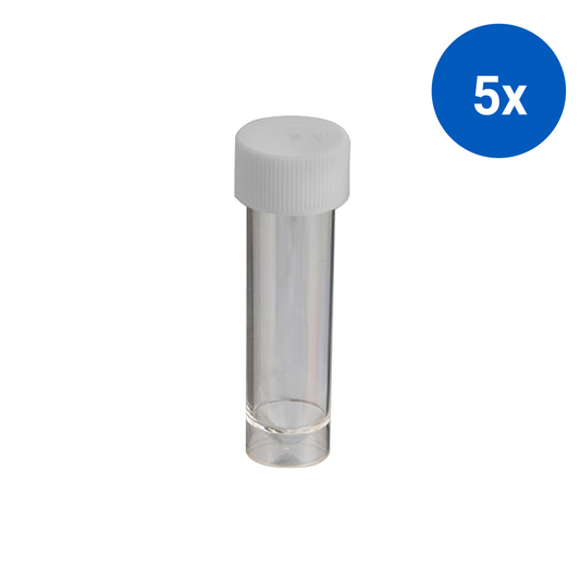 Livingstone Specimen Container with White Lid 30mL 22x90mm Unlabelled Polystyrene 500/Carton - Clear x5