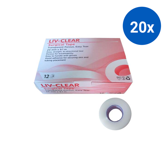 Liv-Clear Surgical Tape Transparent Porous 24mm x 9.1m 12 Rolls/Box - Clear x20