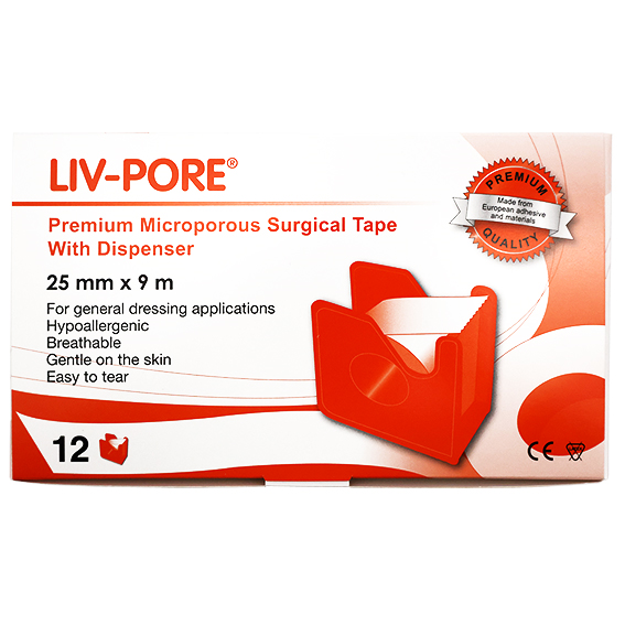 Liv-Pore Premium Microporous Surgical Paper Tape 25mm x 9m 12 Dispensers/Box - White x20