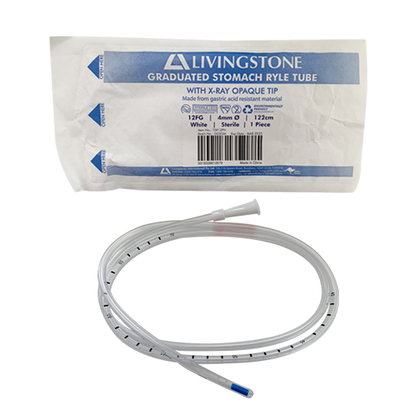 Livingstone Graduated Stomach Duodenal Ryles Tube with X-Ray Opaque Tip 12FG 4mm 122cm Sterile - White x95
