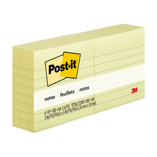 Post‑It Lined Notes Canary Yellow 76 x 76mm 6‑Pack