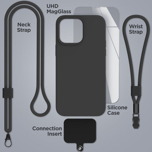Encased Silicone Case iPhone 14 Pro Max with Neck and Wrist Strap - Black