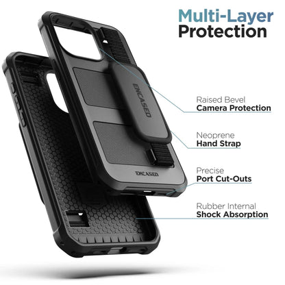 Encased Falcon Case iPhone 15 Pro Max with Hand Strap and Belt Clip Holster - Black