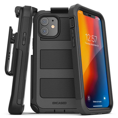 Encased Falcon Case Built-in Screen Guard iPhone 12/12 Pro with Belt Clip Holster - Black