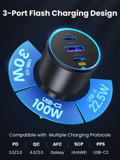 UGREEN 130W 3-Port Fast Car Charger with 100W Cable
