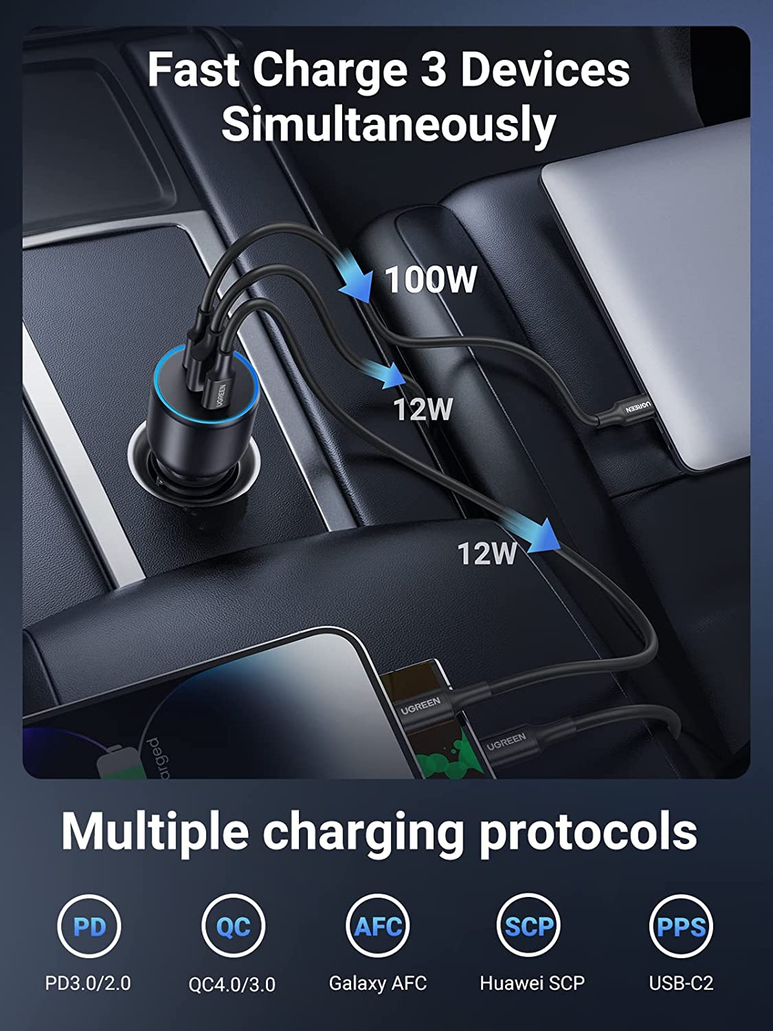 UGREEN 130W USB C and USB A Car Charger Black