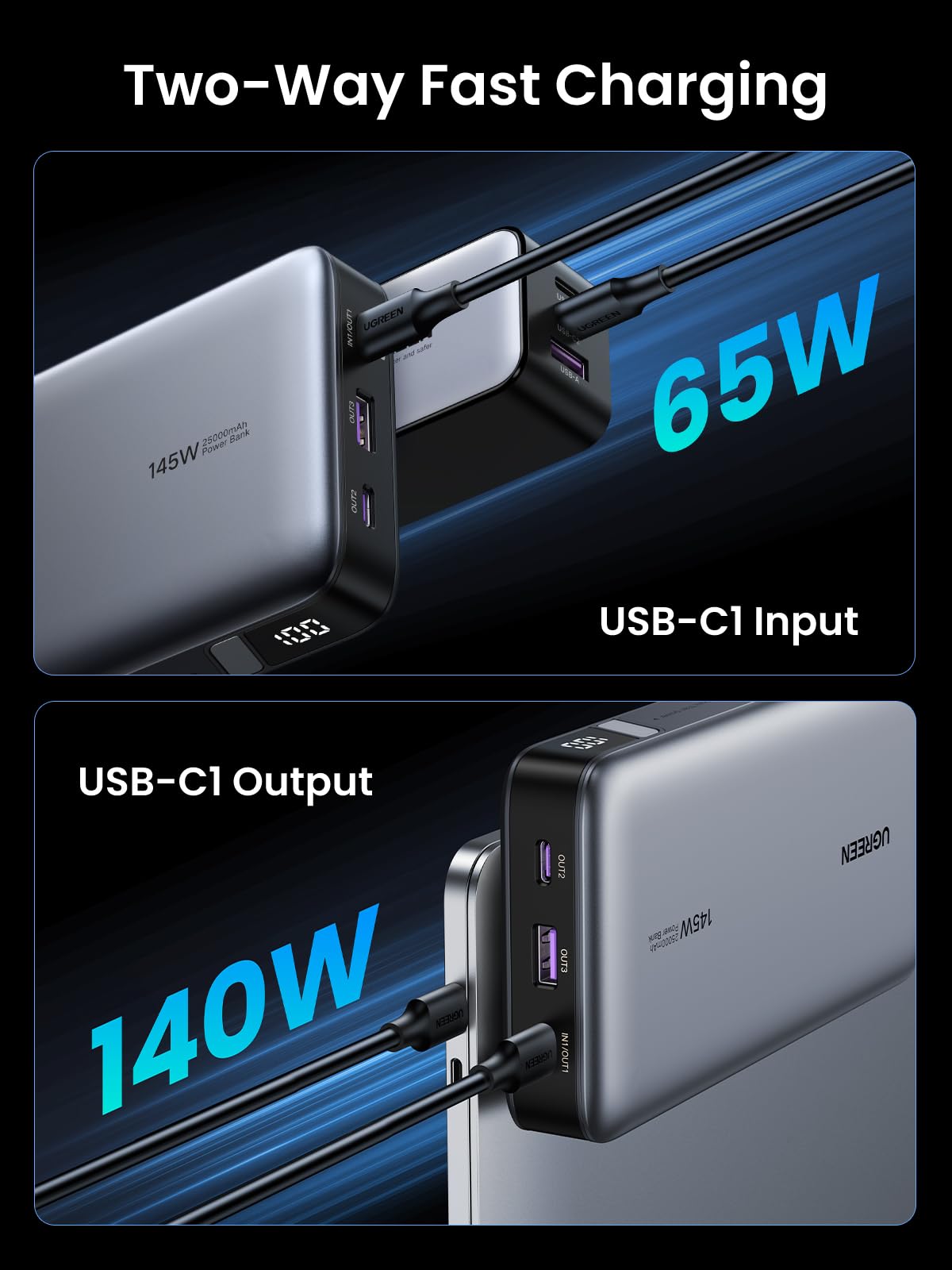 UGREEN 145W 25000mAh for Laptop-3 Ports Power Bank Silver